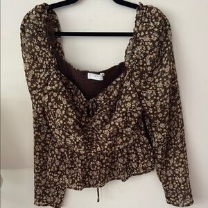 Astr Brown Tan Ruched Tie Front Blouse